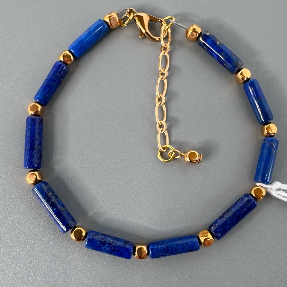 HAND CRAFTED BRACELET Lapis Lazuli Tubes Gold Spacers Lobster Claw Clasp NWT - Picture 5 of 15